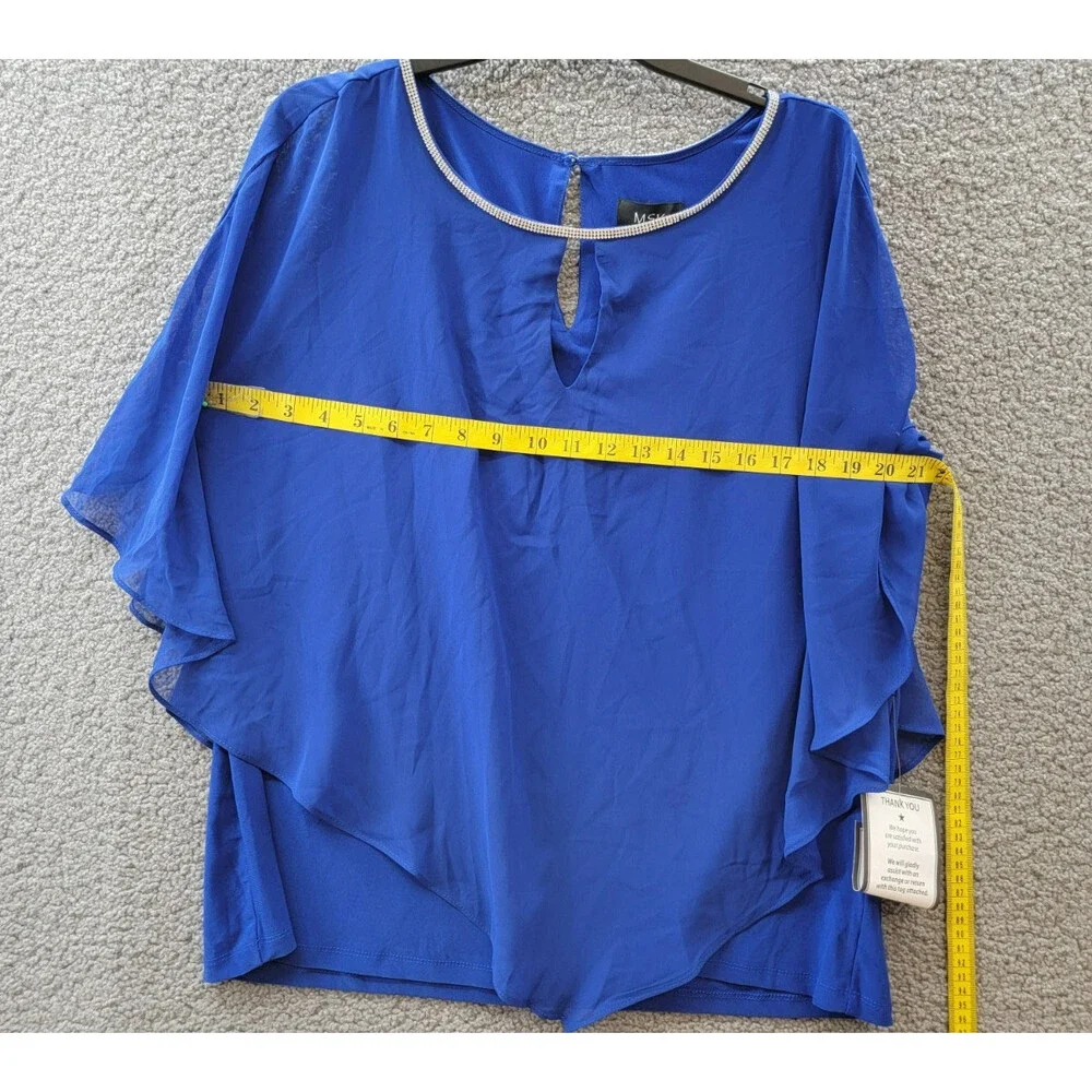 MSK Embellished Overlay Top Women's XL Goddess Blue Solid Scoop Neck Button Back - Picture 8 of 14